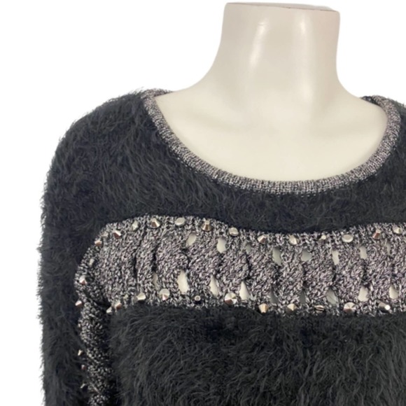 1990s Black Studded Fuzzy Cutout Designer Sweater Clubwear / Women’s Small - Picture 2 of 4